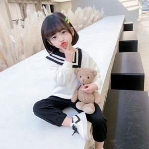 甜美学院风幼儿园女宝宝纯棉套装2022春款洋气海军领休闲两件套
