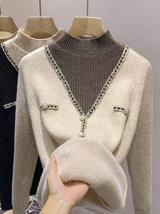 一体绒加绒加厚半高领假两件女士毛衣2024冬季新款拼色针织打底衫