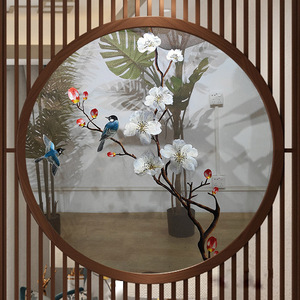 苏绣圆框专用纱布绣片双面半透明屏风高端可加框花鸟玄关隔断酒店