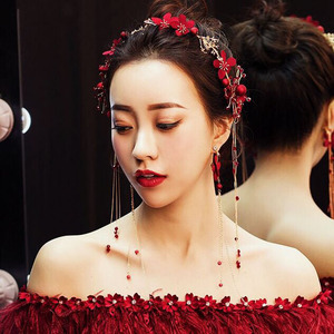 韩式中式红色短发新娘发箍发带头饰耳环头花敬酒服婚纱配饰发饰