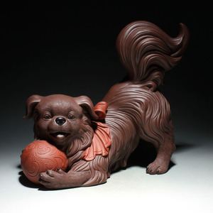 精品名家宜兴紫砂雕塑 陈美德全手工狗戏球大摆件茶宠贵宾丝毛狗