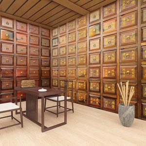 3d立体复古中式传统中医药房药柜壁纸主播拍照网红直播间背景墙纸