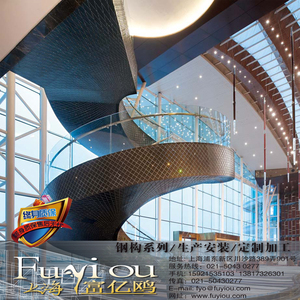 旋转楼梯钢结构弧形梯热弯玻璃钢板扶手酒店别墅大型厂家定制楼梯