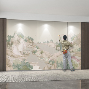 新中式电视客厅沙发卧室床头酒店山水刺绣硬包背景墙会所软包壁画