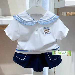 现货特惠夏新款儿童女童装海军翻领纯棉短袖T恤验货品质