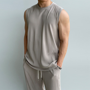 夏季纯棉男士背心韩版宽松圆领坎肩吸汗休闲运动纯色无袖T恤套装