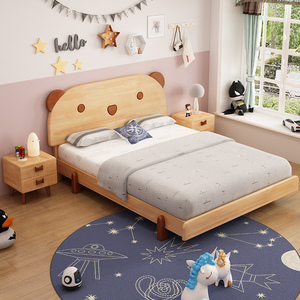 全实木儿童床现代简约男孩女孩卧室小孩床卡通拼接单人原木小熊床