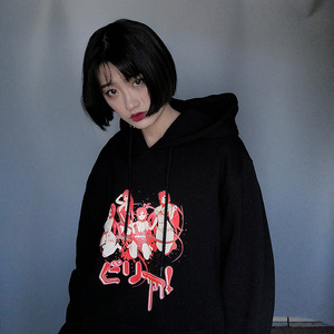 暗黑系复古个性套头帽衫女 情侣加绒卫衣连帽外套潮