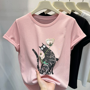 韩版卡通猫咪图案短袖棉T恤女夏装2024新款女装减龄百搭休闲上衣