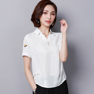 夏季中年妇女装妈妈装带领有领子的上衣服短袖t恤血30桖40岁50 45