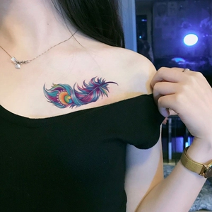 遮疤痕彩色羽毛纹身贴大图案女肚子防水持久性感锁骨手臂清新贴纸