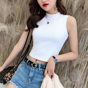 白色小高领背心女外穿砍袖短款内搭打底露脐性感无袖上衣夏ins潮