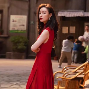 流金岁月倪妮同款红色半高领无袖连衣裙女夏新款气质修身复古礼服