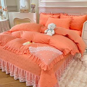 韩式公主风四件套夹棉床盖床裙蕾丝花边全纯色床单被套罩床上用品