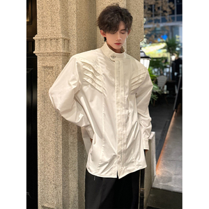 白色解构垫肩衬衫男款高级感设计感小众长袖衬衣廓形分割立领外套