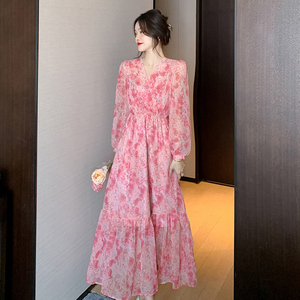 韩国长袖粉色温柔风气质薄款度假旅游连衣裙印花长裙子春秋新款女