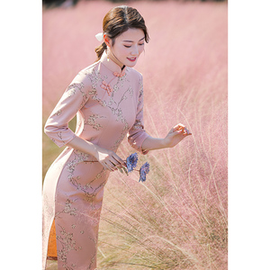 粉色鹿皮绒旗袍秋冬加厚改良年轻款少女长袖小个子日常2021年新款