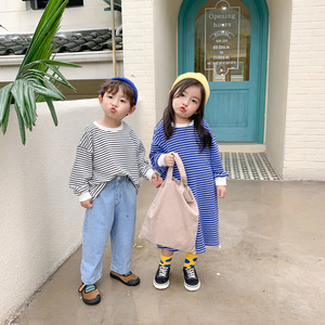 儿童上衣2024春季韩版新款男童休闲条纹T恤女童洋气卫衣裙姐弟装