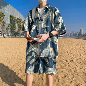 男士沙滩套装夏季碎花衬衫短裤三亚旅行潮流男装短袖海边度假衣服