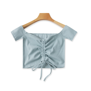1786抽绳时装小衫 棉质一字抹胸套头纯色针织短款露腰修身T恤外贸