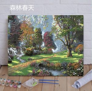 0diy数字油画手绘填色风景大画小溪流水树林森林春天