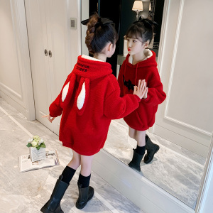 女童冬季加绒卫衣2022新款大童中长款上衣网红儿童洋气加厚毛毛衣