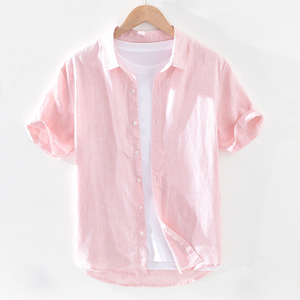 夏季纯亚麻料短袖衬衫男装棉麻布粉色衬衣夏装清新潮流帅气上衣服