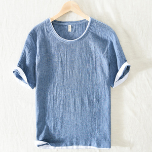 夏天棉麻布上衣服男装亚麻短袖t恤日系宽松休闲体恤潮流男学生t恤