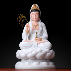 汉白玉观音菩萨家用坐莲观音佛像南海观世音菩萨客厅中式供佛摆件