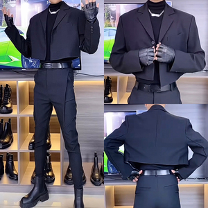 新款男士痞帅西服两件套短款一粒扣西装上衣修身个性韩版黑色套装
