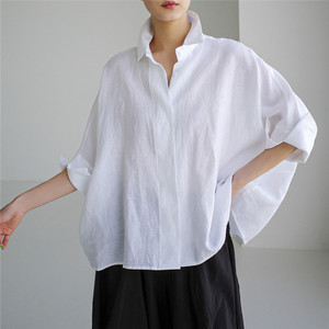 夏季新款七分袖衬衫女中长款宽松大码纯棉学院风韩版休闲白色衬衣