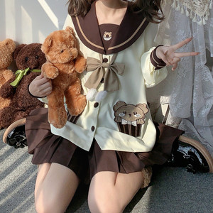 【奶芙小熊】猫裙裙原创咖啡色水手服日系学生jk制服裙幼稚园套装
