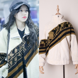 程潇明星同款衣服女2021冬季新款宽松时尚羊羔毛拼接毛绒外套上衣