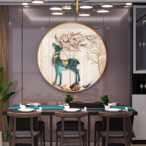 发财鹿晶瓷画财招入户玄关装饰画圆形客厅餐厅墙壁画走廊过道挂画