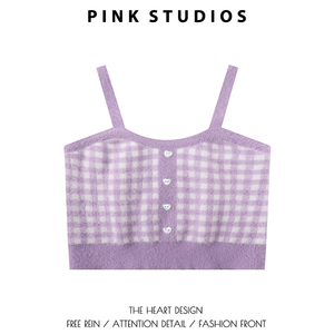 紫色格子针织小吊带女夏季甜辣风内搭短款修身背心叠穿爱心扣上衣