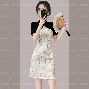 新中式旗袍2024年新款夏复古中国风拼接短款黑色小个子日常连衣裙