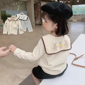女童娃娃领上衣春秋装新款韩版儿童卡通长袖t恤女宝宝条纹打底衫