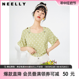 NEELLY纳俪商场同款简约时尚波点套头上衣短袖圆领珍珠扣设计衬衫