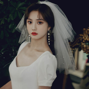 韩式短款珍珠造型头饰小头纱新娘结婚纱跟妆白色软纱配饰旅拍登记