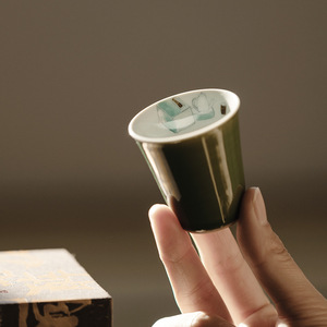 无落松花绿文人器/蕊芯 松石绿纯手工釉下粉彩手绘蕊心斜阳茶杯功