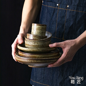 日式复古风粗陶餐具简约做旧陶瓷食器手工盘子水杯米饭碗面碗汤碗