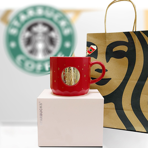 星巴克圣诞星空铜章牌陶瓷红色铜色印章款马克杯带搅拌咖啡杯水杯