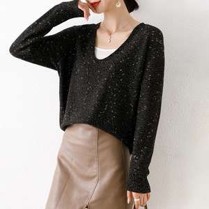 亮丝金豆豆v领宽松大码毛衣女套头秋冬季长袖羊毛针织衫百搭上衣