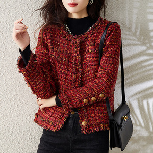 正品哥弟新款女装2022秋冬法式名媛小香风粗毛呢复古红色短外套潮