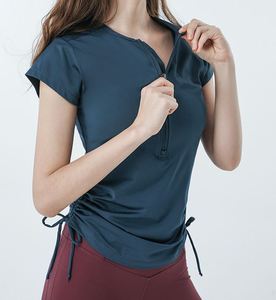 运动短袖女圆领lulu瑜伽服半拉链健身t恤外搭速干服侧抽绳蝴蝶结