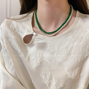 一款三戴新中式显白绿珠项链轻奢小众串珠女锁骨链颈链高级感配饰