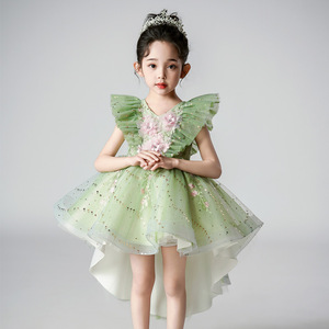 女童绿色网纱蓬蓬裙小女孩燕尾礼服裙儿童六一表演服花童公主裙子