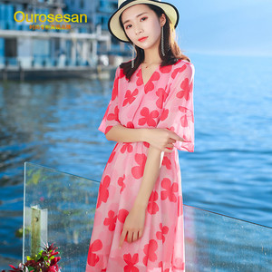 ourosesan轻奢品牌 雪纺短款小个子连衣裙泰国三亚海边度假沙滩裙