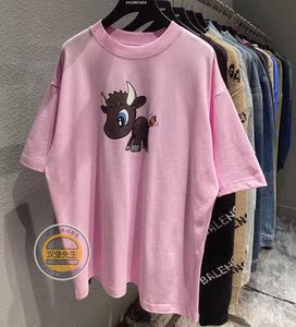 正品balenciaga 巴黎世家21牛年限定卡通小牛印花logo短袖男t恤女