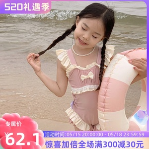 女童设计感甜美游泳衣2024夏装新款儿童韩系粉色木耳边连体泳装潮